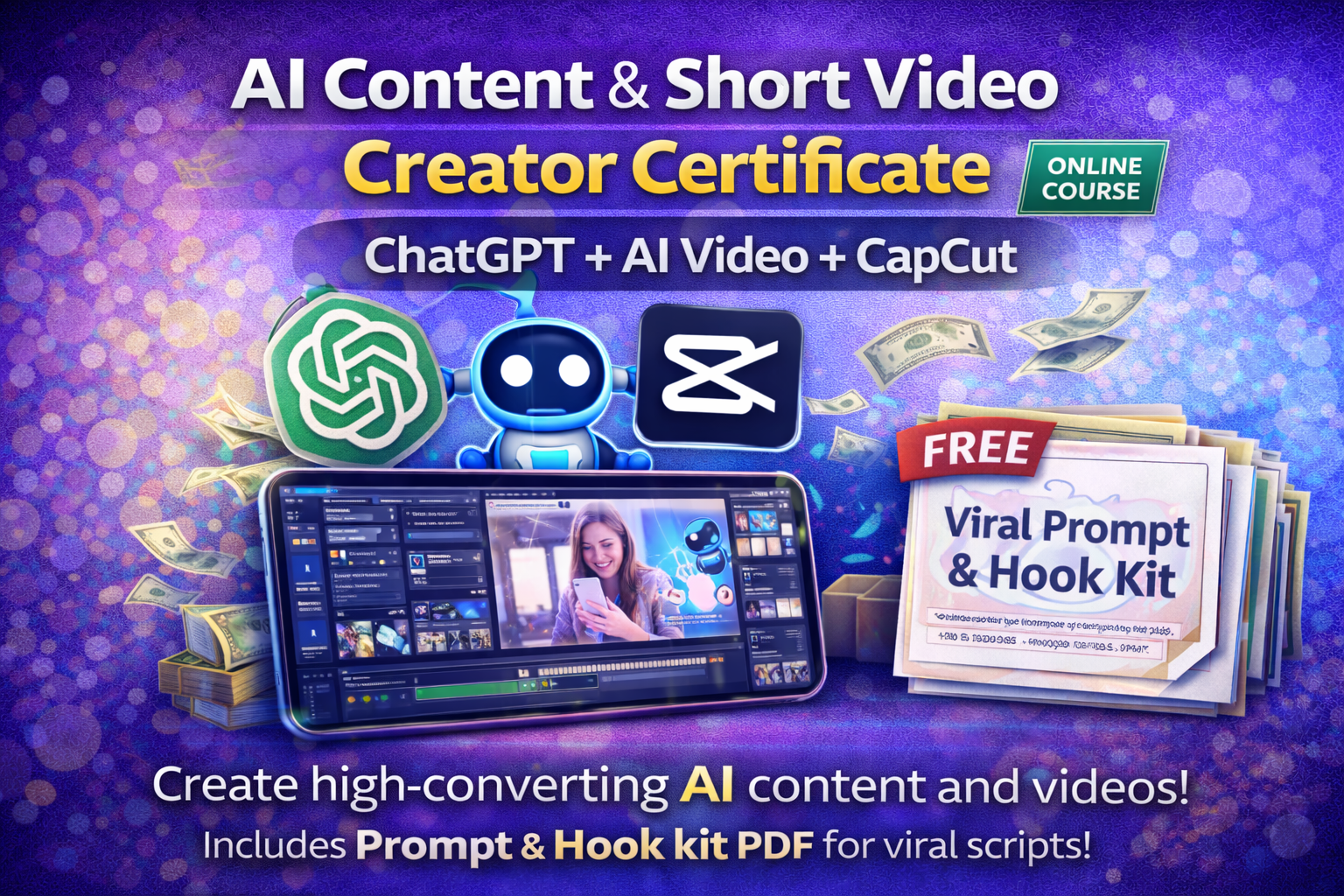 AI Content & Short Video Creator Certificate: ChatGPT + AI Video + CapCut + FREE Prompt & Hook PDF (Online Course)